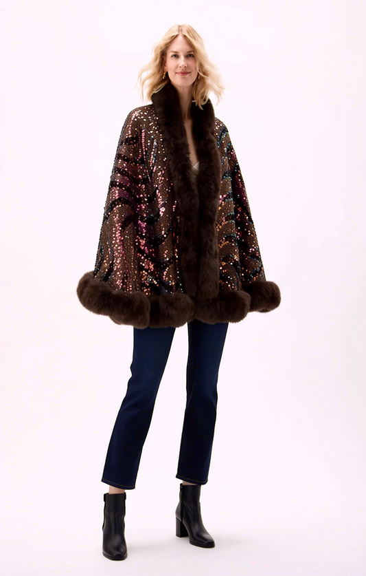 Faux Fur Sequin Cape with Animal Motif - Espresso