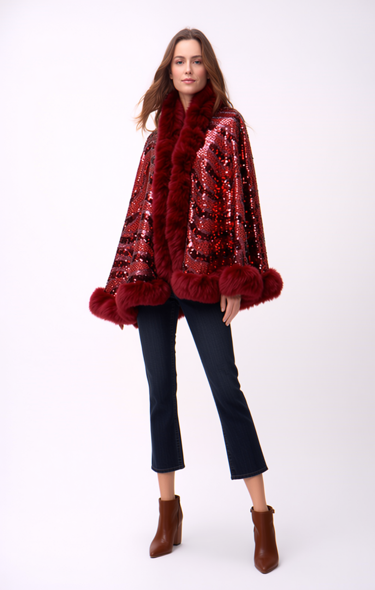 Faux Fur Sequin Cape with Animal Motif - Espresso