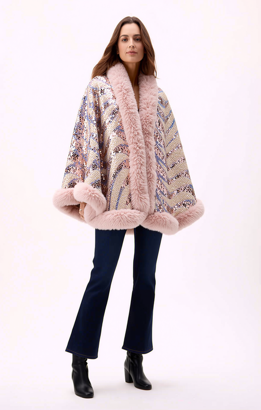Faux Fur Sequin Cape with Animal Motif - Blush
