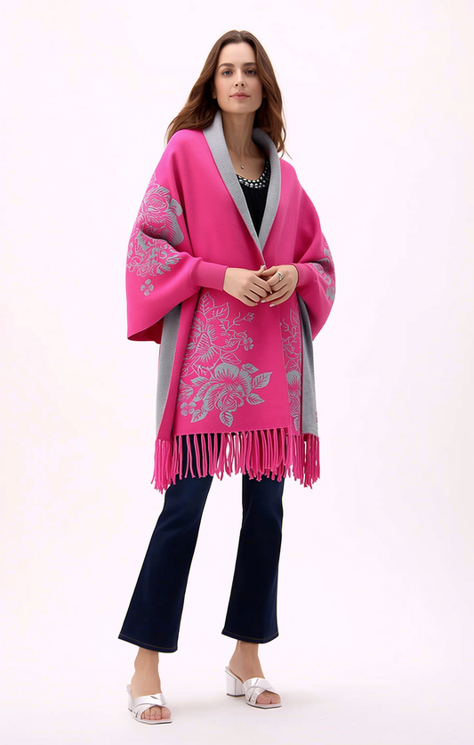Reversible Peony Jacquard shawl with Arm Openings- Hot Pink/ Grey