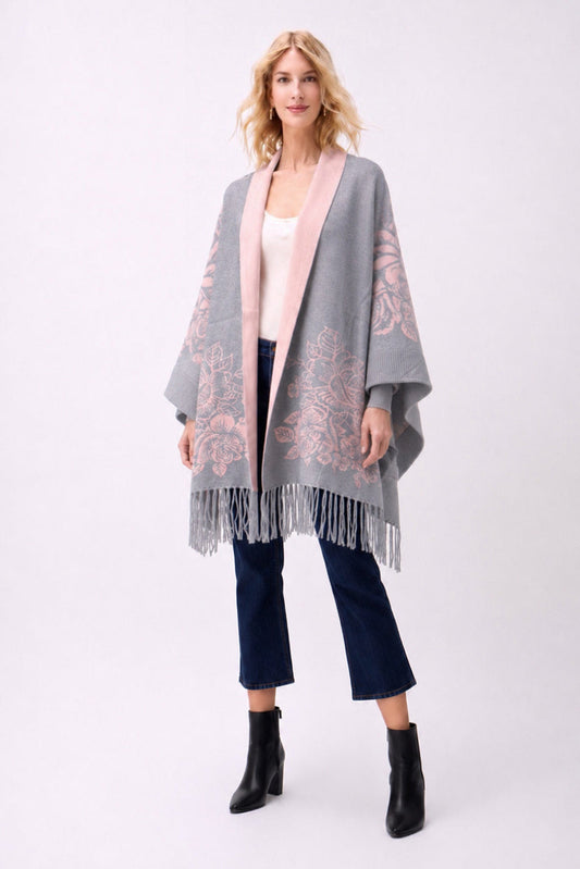 Reversible Peony Jacquard shawl with Arm Openings- Grey / Pink