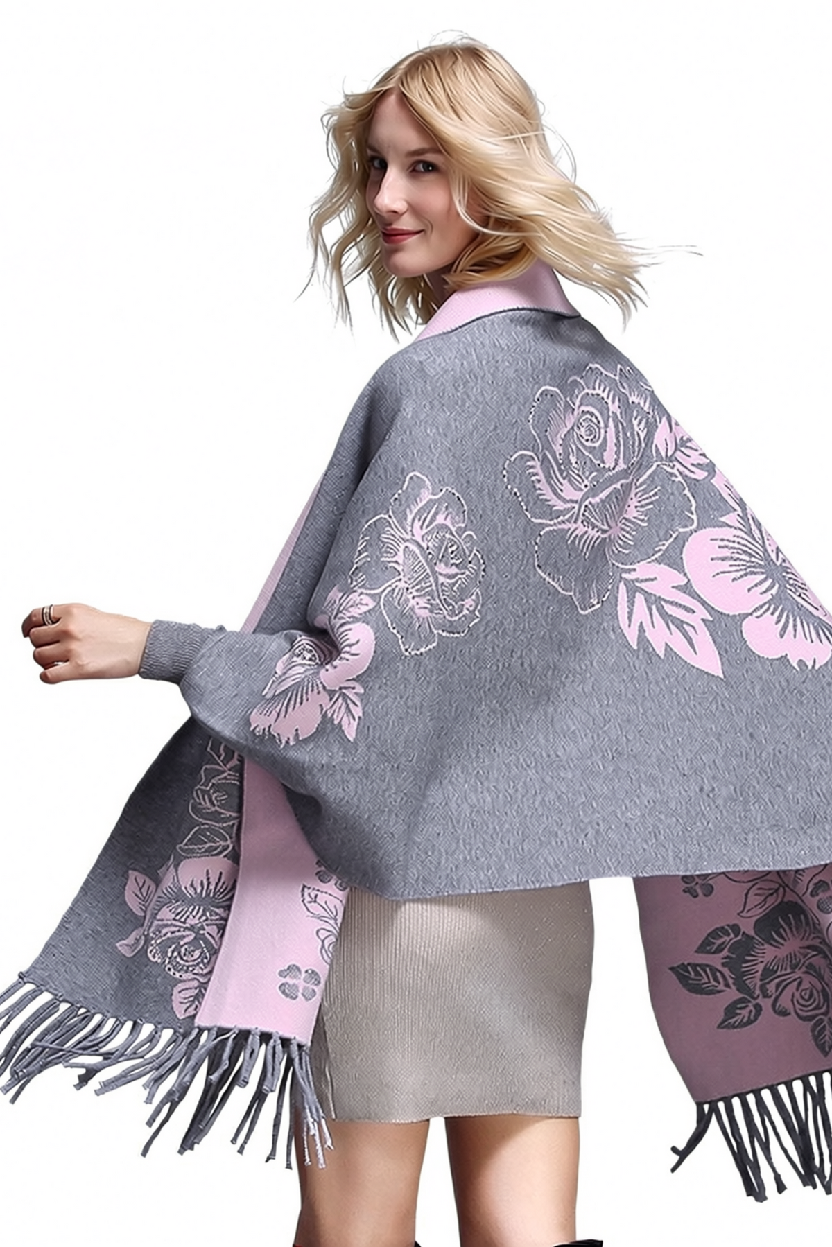 Reversible Peony Jacquard shawl with Arm Openings- Grey / Pink