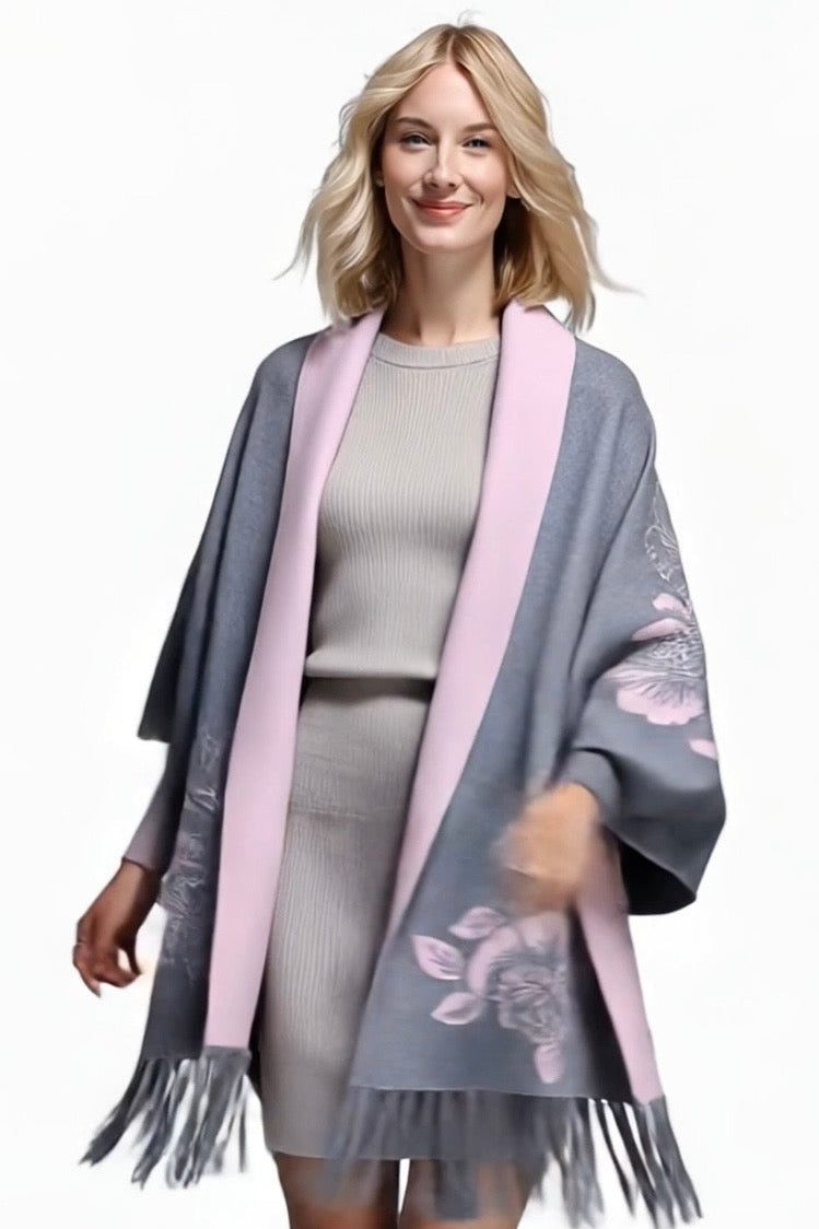 Reversible Peony Jacquard shawl with Arm Openings- Grey / Pink