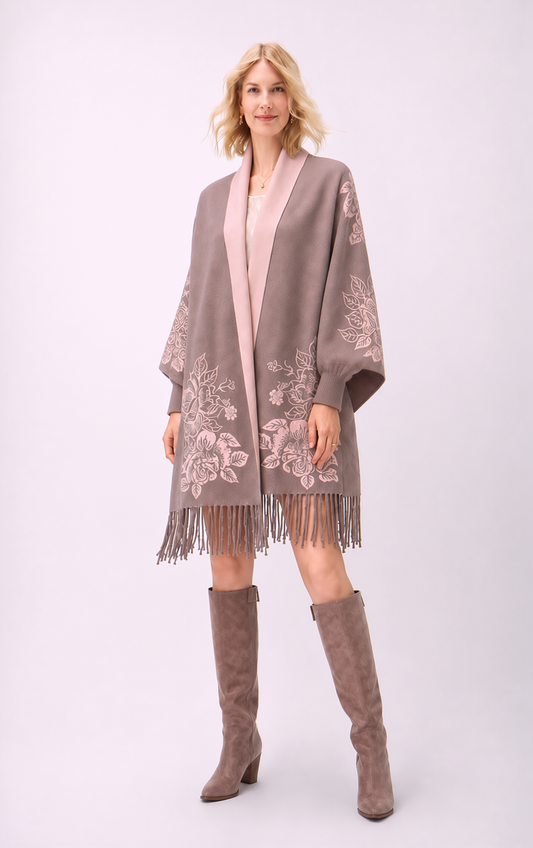 Reversible Peony Jacquard shawl with Arm Openings- Pink/Khaki