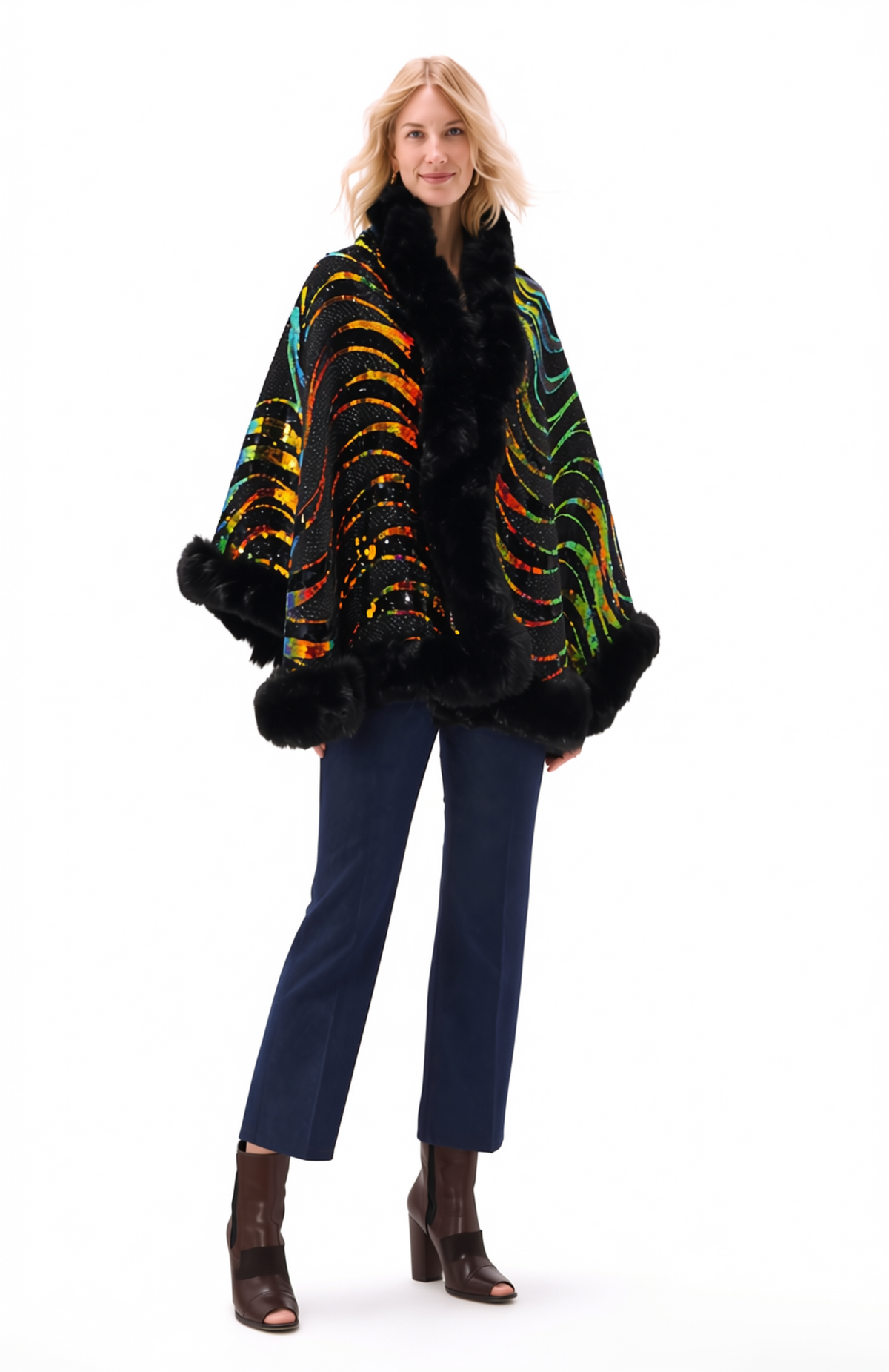 Faux Fur Sequin Cape with Animal Motif - Espresso