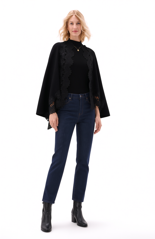 Soft Lurex Knit Shawl with Lace Trim and Arm Openings - Black