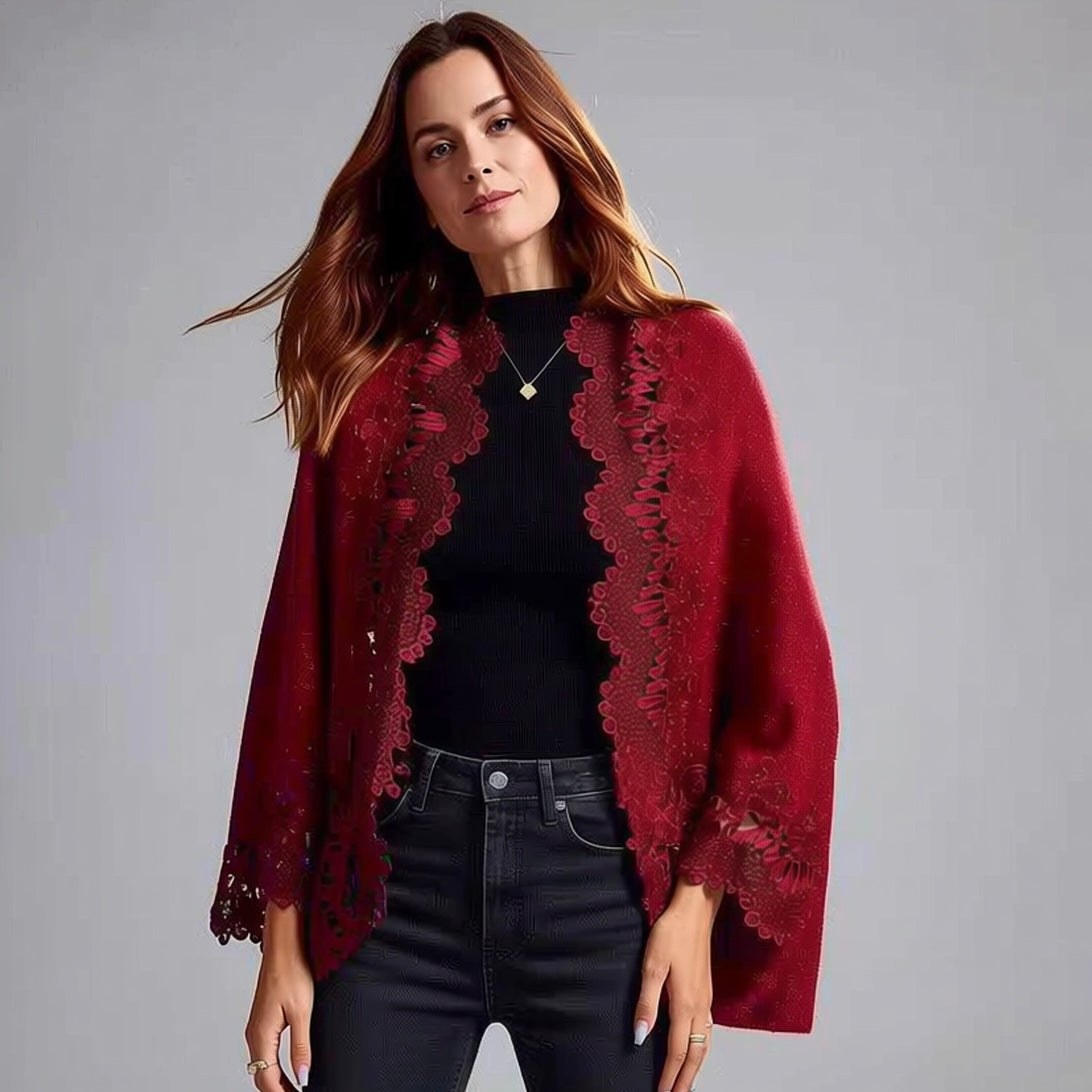Soft Lurex Knit Shawl with Lace Trim and Arm Openings - Burgundy