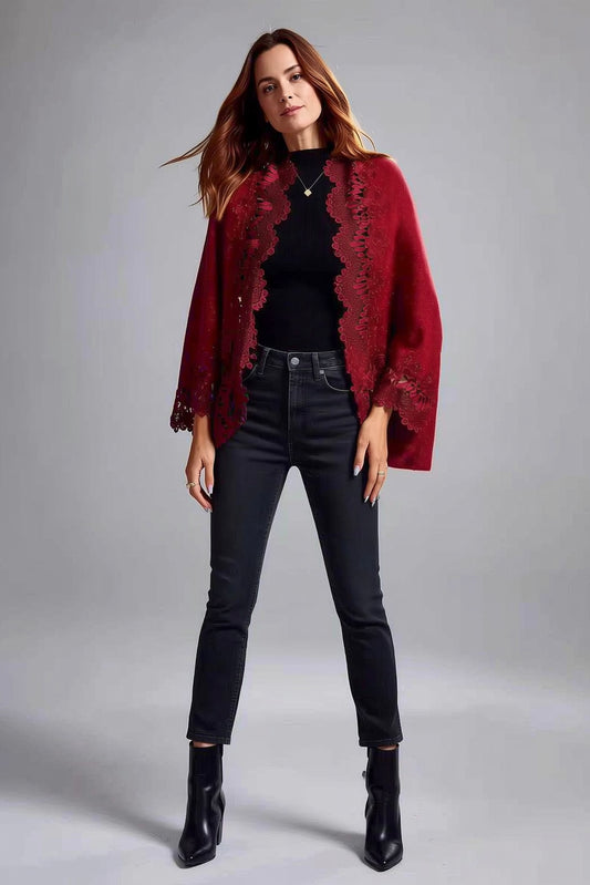 Soft Lurex Knit Shawl with Lace Trim and Arm Openings - Burgundy