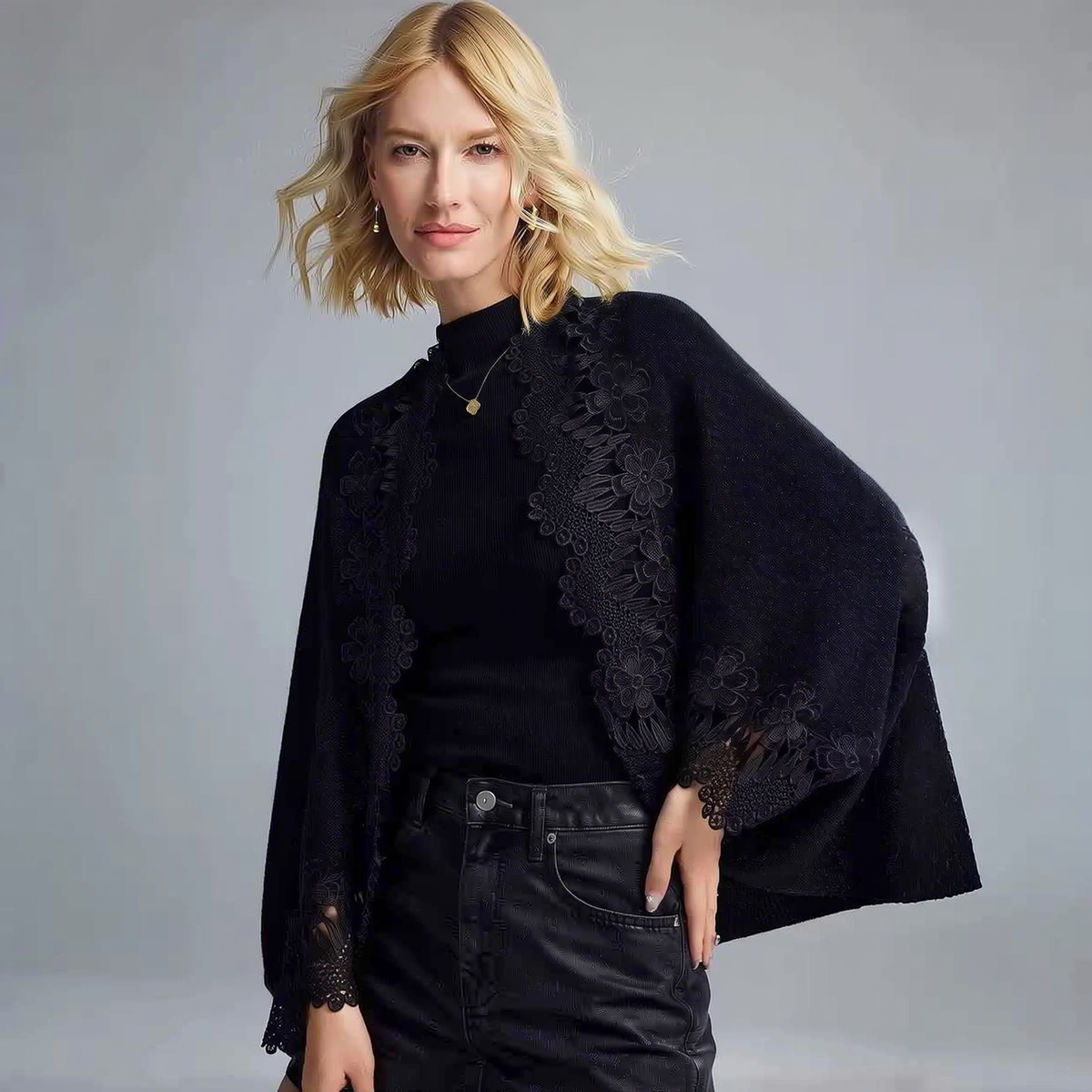 Soft Lurex Knit Shawl with Lace Trim and Arm Openings - Burgundy