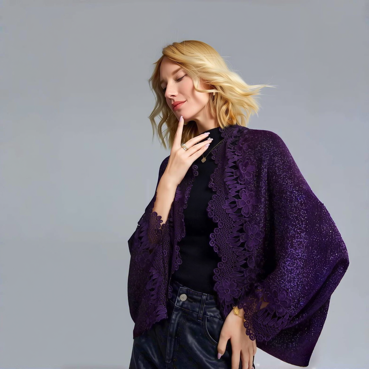 Soft Lurex Knit Shawl with Lace Trim and Arm Openings - Burgundy
