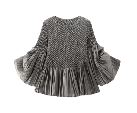 Pleated blouse top with flared sleeves & sweep (Grey)