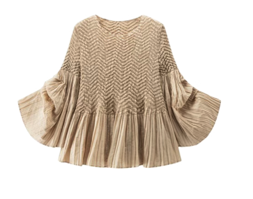 Pleated blouse top with flared sleeves & sweep (Apricot)