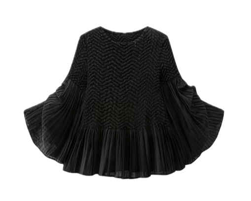 Pleated blouse top with flared sleeves & sweep (Black)