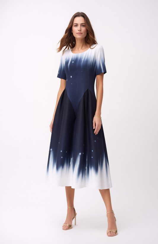 Pleated Short Sleeve Tulip Ombre Dress- Navy Stardust Ombre