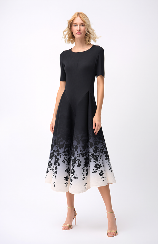 Pleated Short Sleeve Tulip Ombre Dress- Black Floral Ombre