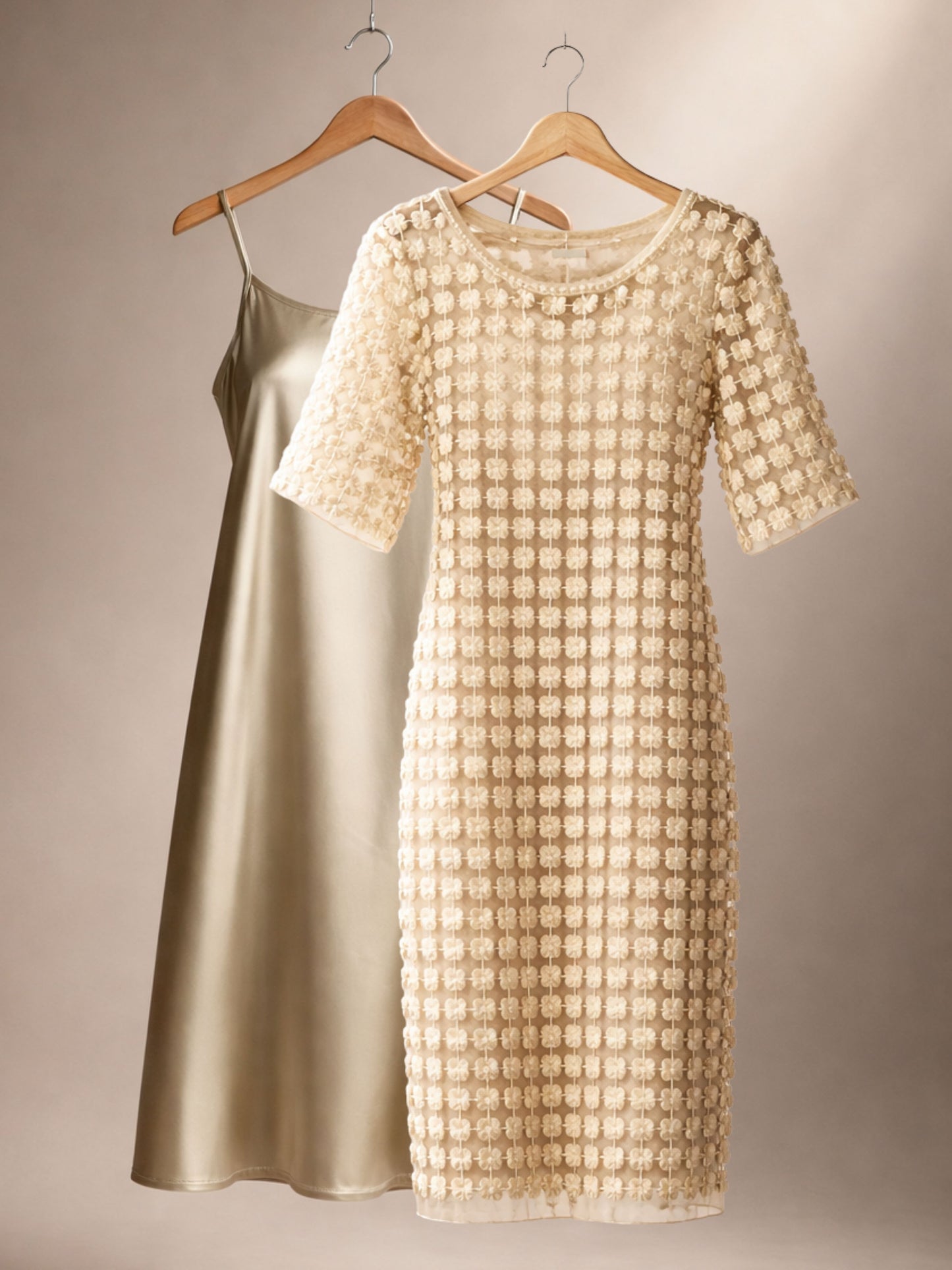 Lace Organza short sleeve Shift Dress with matching cami dress  (Ivory)