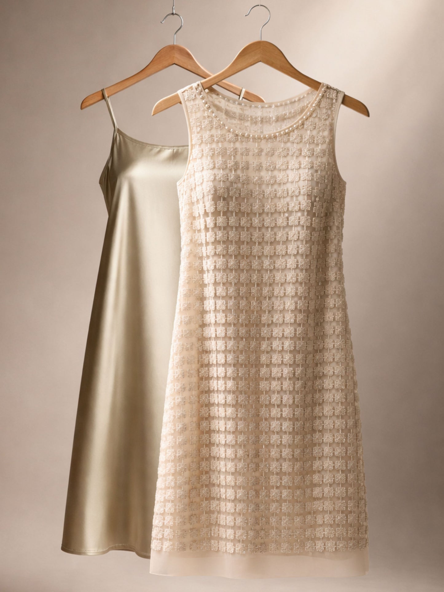 Lace Organza sleeveless Shift Dress with matching cami dress  (Ivory)