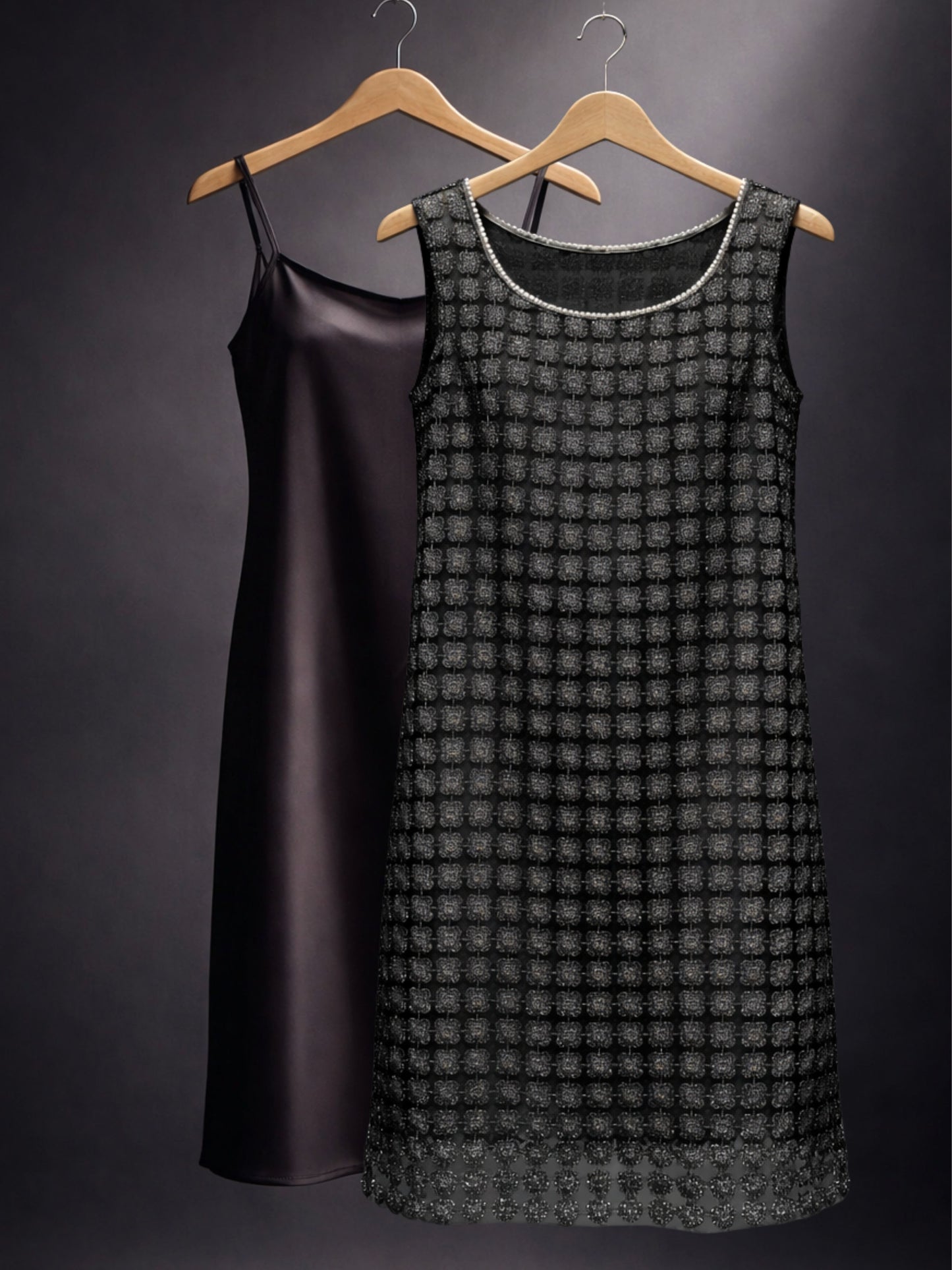 Lace Organza sleeveless Shift Dress with matching cami dress  (Black)