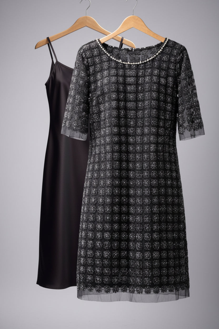Lace Organza short sleeve Shift Dress with matching cami dress  (Black)