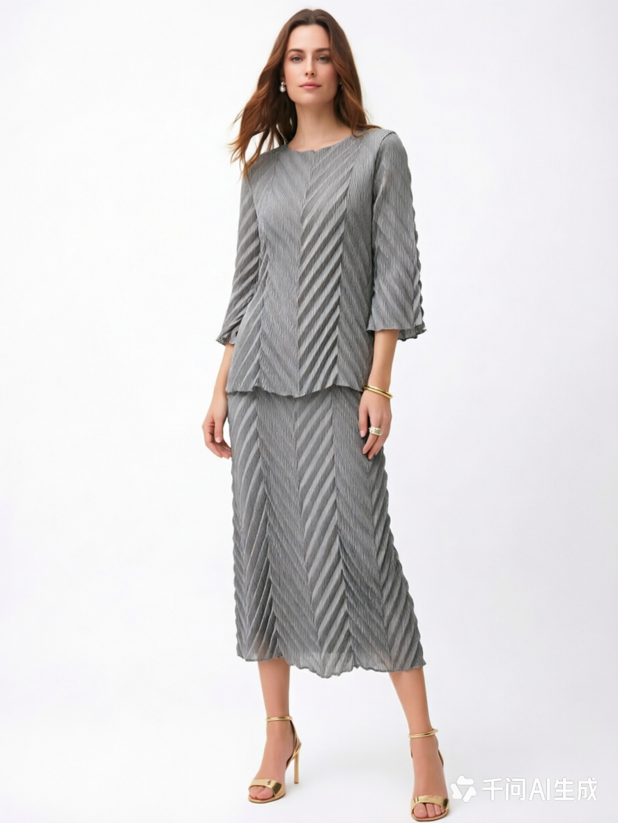 Pleating Bell Sleeves Top- Chevron Flow- Grey