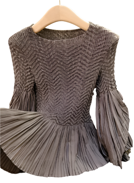 Pleated blouse top with flared sleeves & sweep (Grey)