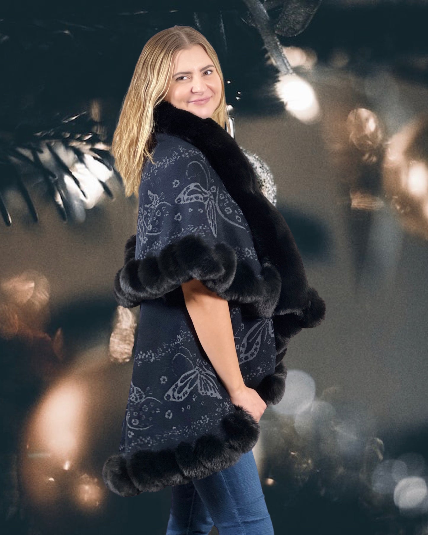 Faux Fur Trim Kimono Knitted Cape with butterfly jacquard pattern Autumn Winter Imitation Rabbit Fur Collar Windproof Cloak Boho Style  Fur Collar Shawl Warm Cardigan - Black