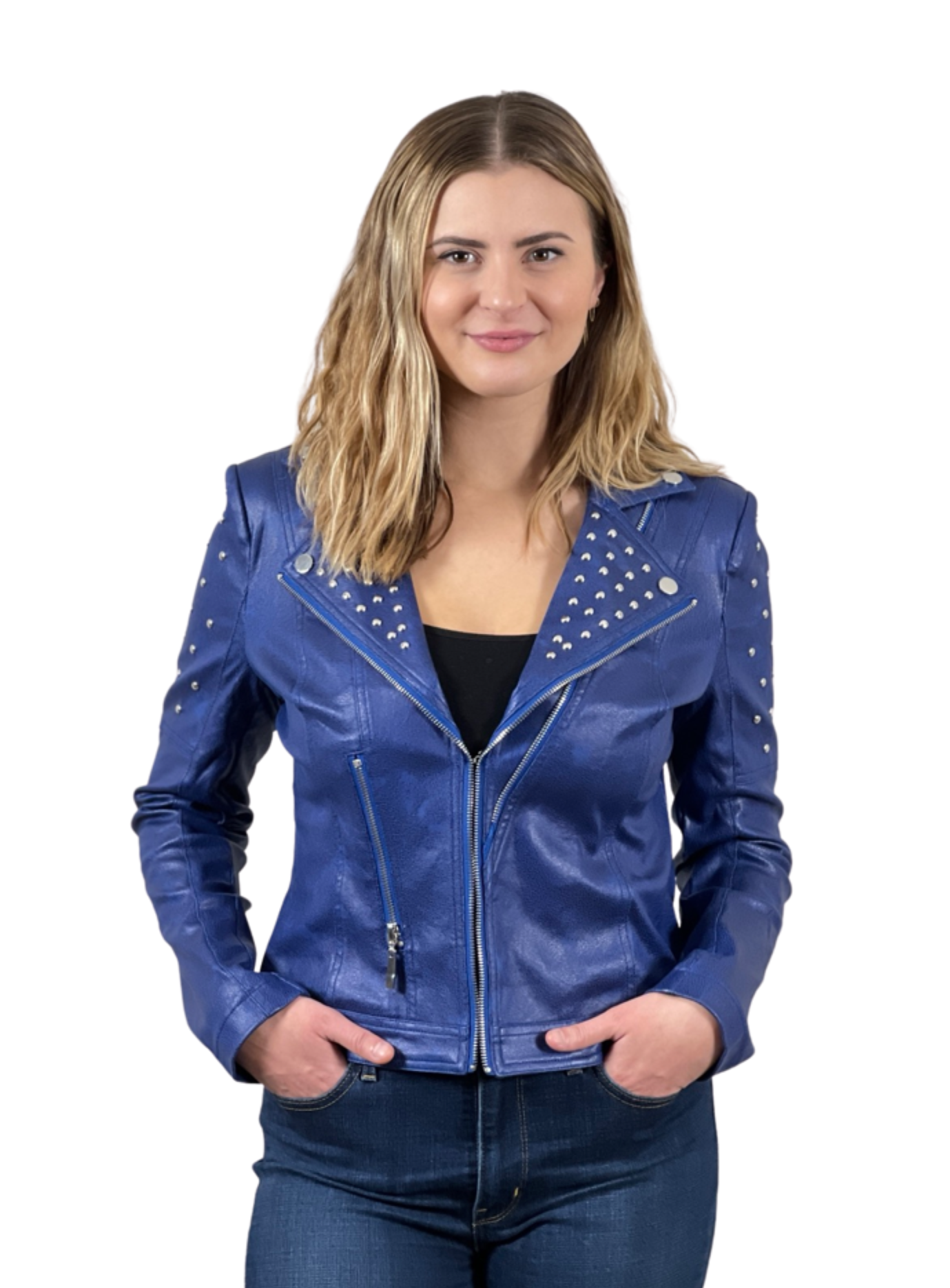 Foil Faux Leather jacket with rivets trim (Royal blue)