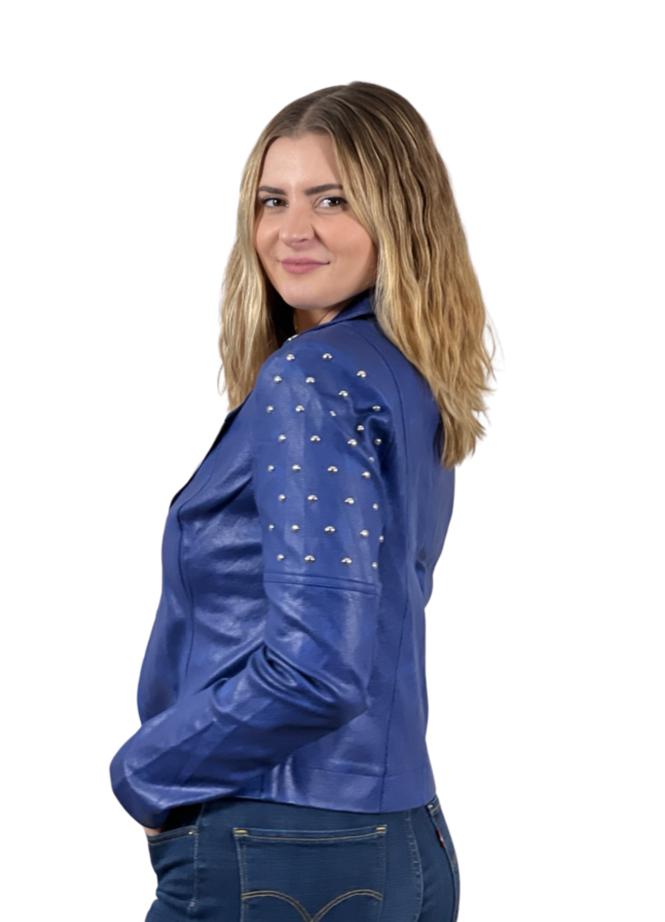 Foil Faux Leather jacket with rivets trim (Royal blue)
