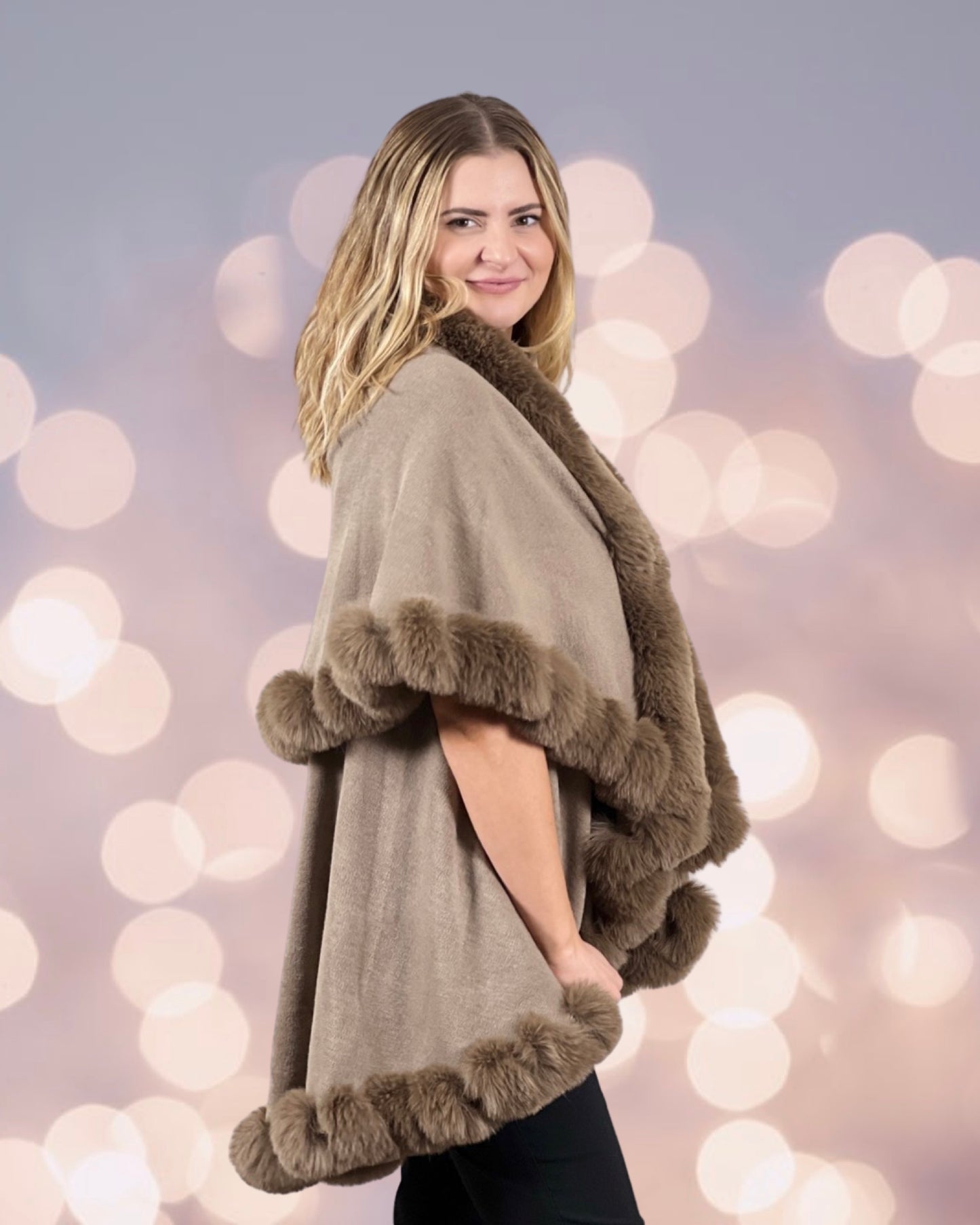 Faux Fur Trim Kimono Knitted Cape solid color Autumn Winter Imitation Rabbit Fur Collar Windproof Cloak Boho Style  Fur Collar Shawl Warm Cardigan - Latte