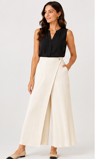Pleated Pants with Pockets+Overlay front  ( Cream )