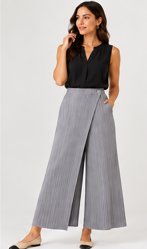 Pleated Pants with Pockets+Overlay front  ( Grey )