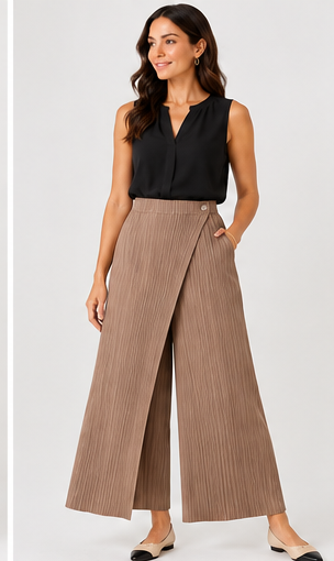 Pleated Pants with Pockets+Overlay front  ( Milk Tea )