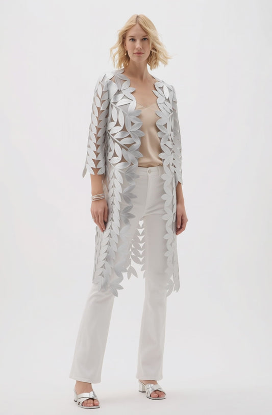 Faux Leather leaves long Jacket with 3/4 sleeves (Silver)