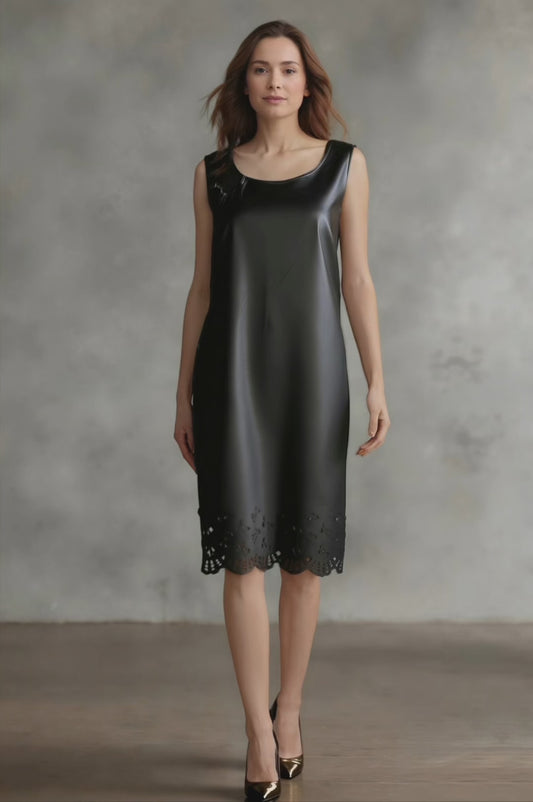 Faux Leather Laser cut butterfly shift dress (Black)