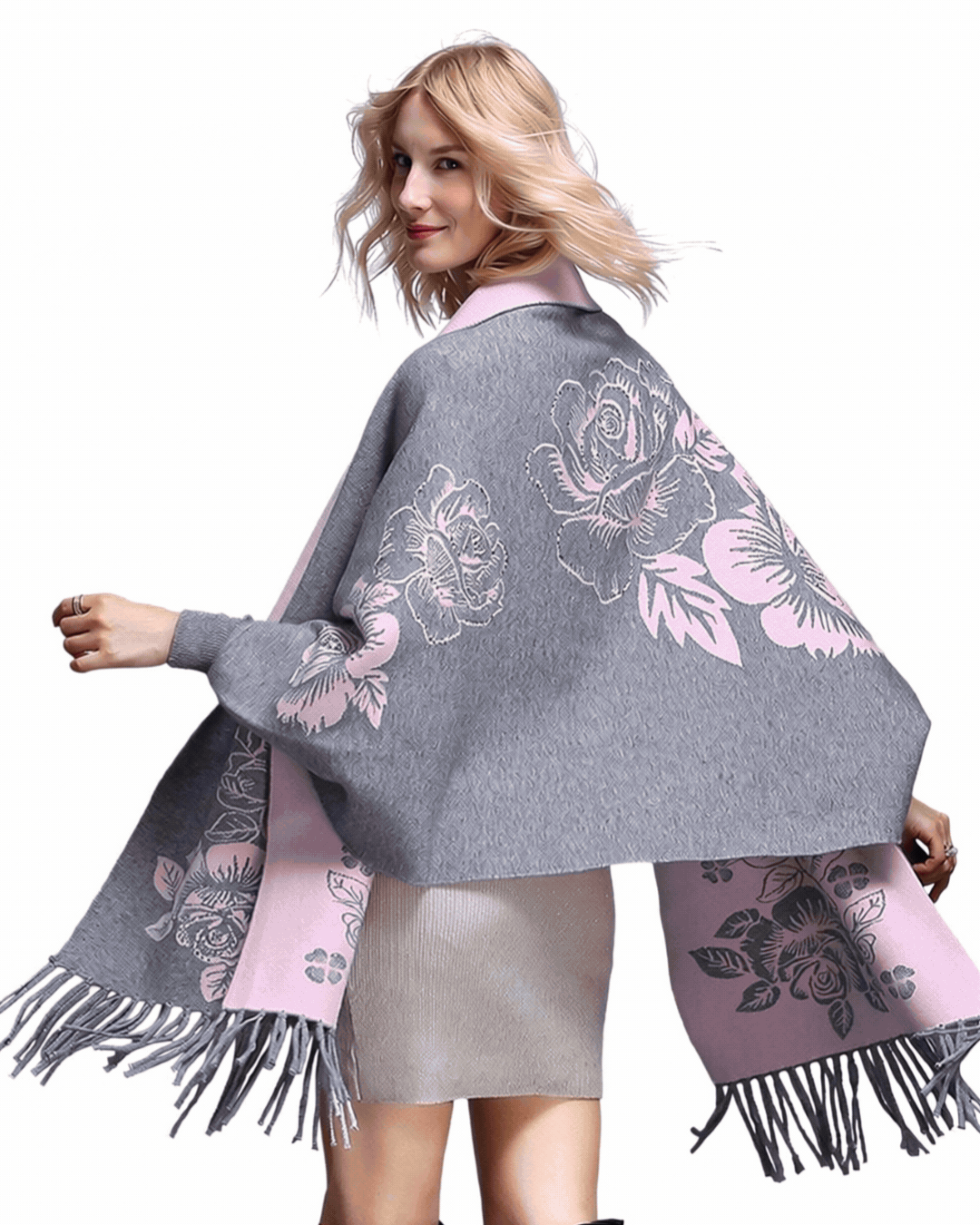 Reversible Peony Jacquard shawl with Arm Openings- Coffee/Sand