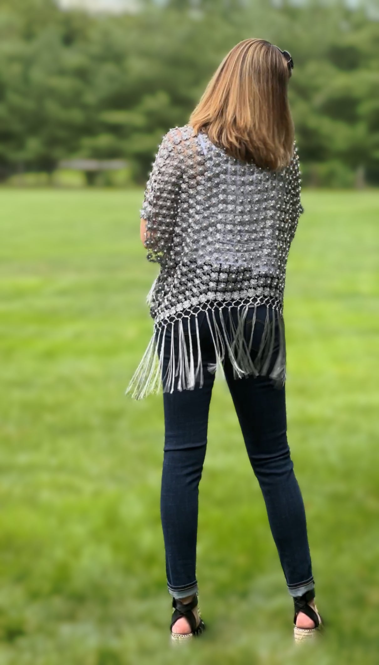 Lace coverup with all over Pearls attached and fringes (Silver)