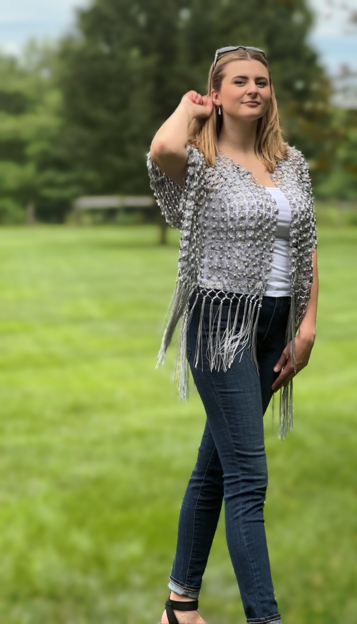 Lace coverup with all over Pearls attached and fringes (Silver)